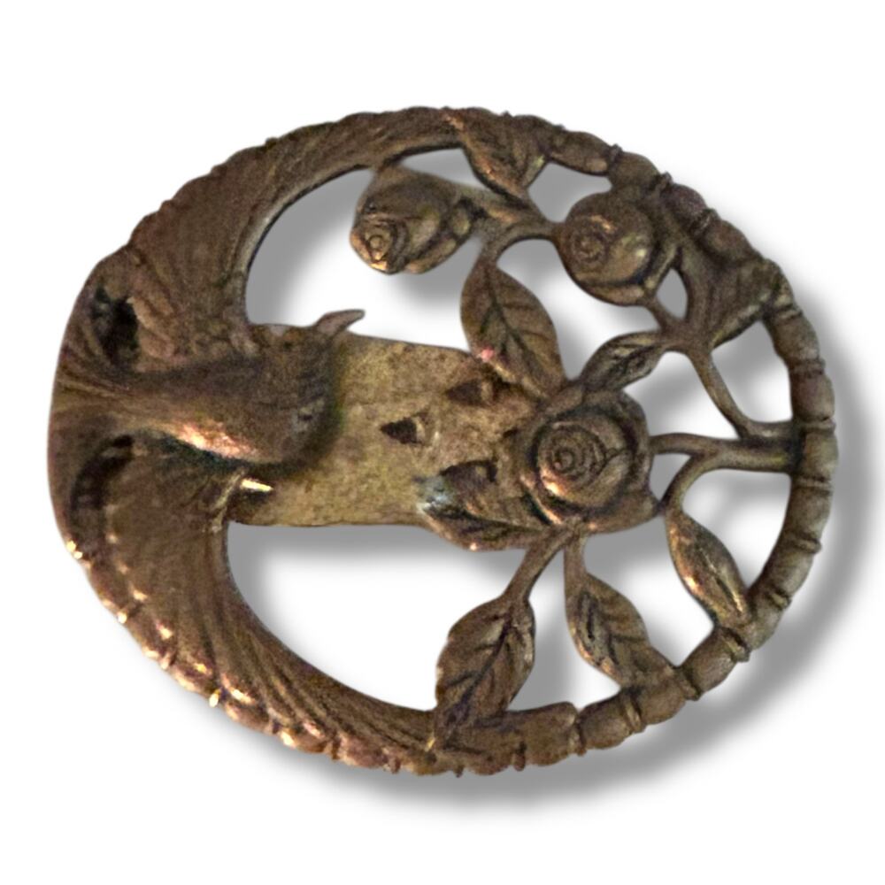 Vintage Brass 1930s Art Deco Bird and Roses Design Fur Clip Scarf Clip